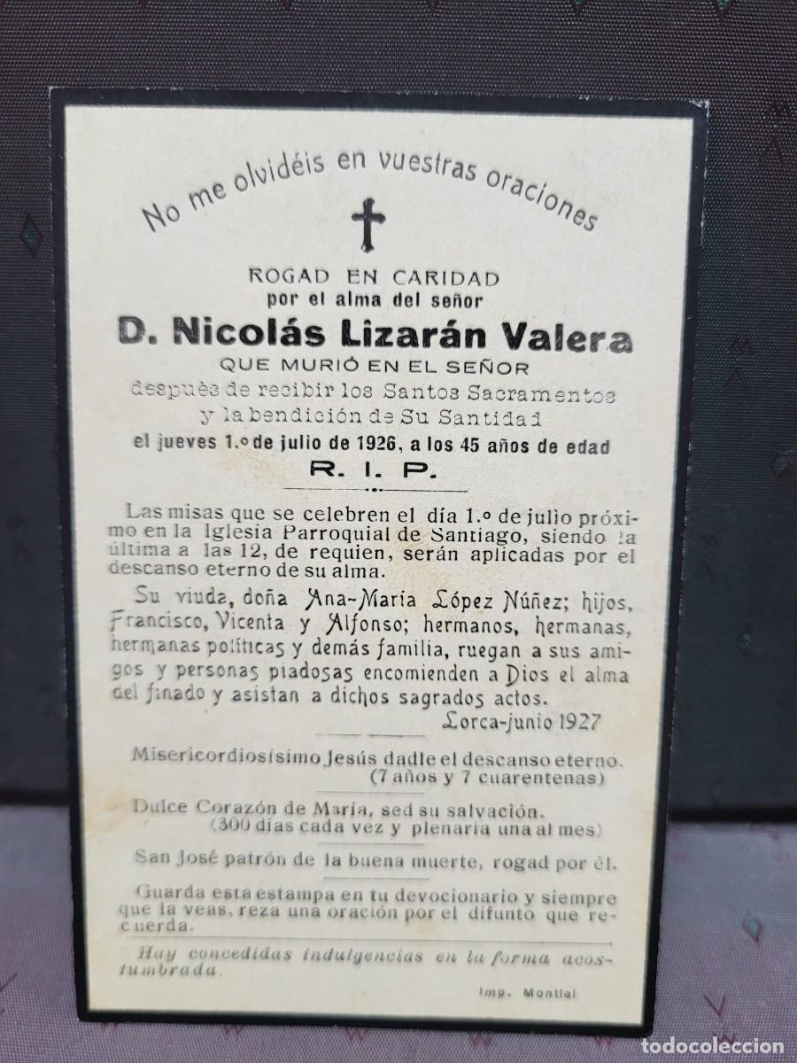 Outros artigos de papel: ANTIGUA ESTAMPA RELIGIOSA DEFUNCION LIZARAN VALERA LORCA MURCIA 1927