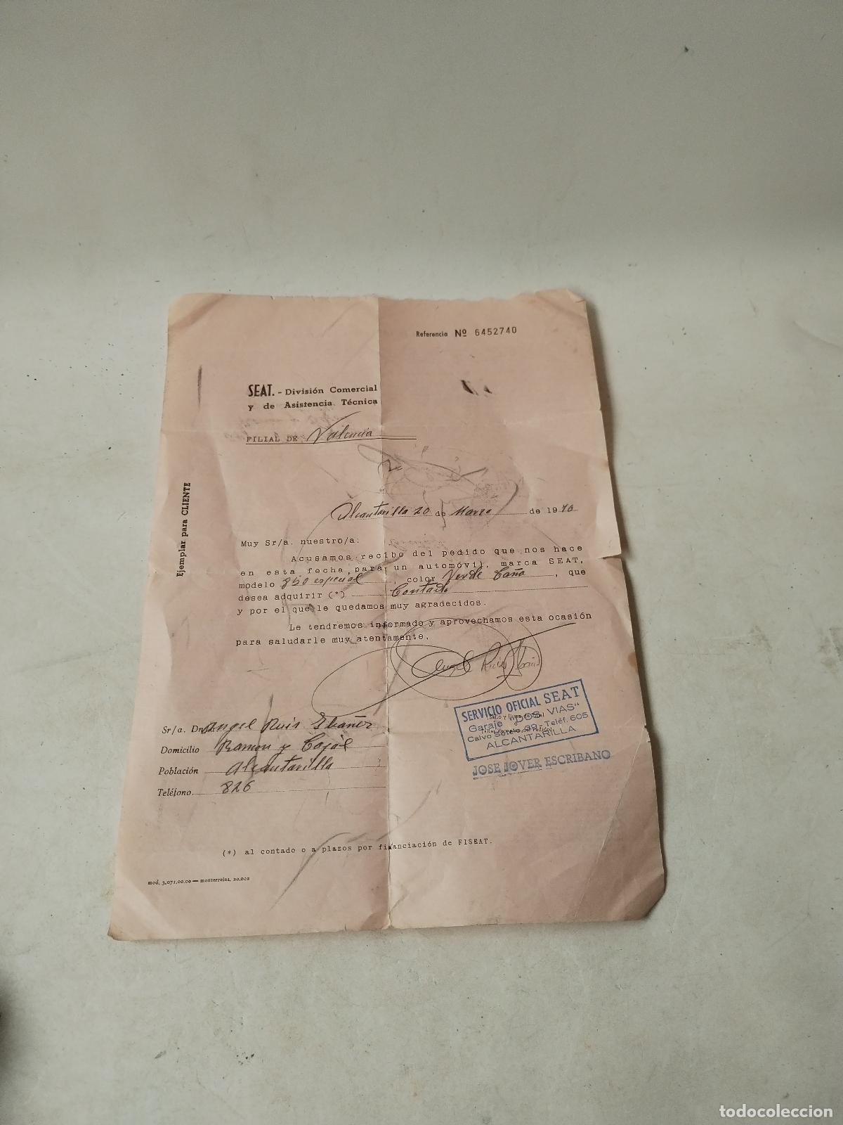 Otros art&iacute;culos de coleccionismo en papel: seat documento de pedido, seat 850 especial en 1976 - c156