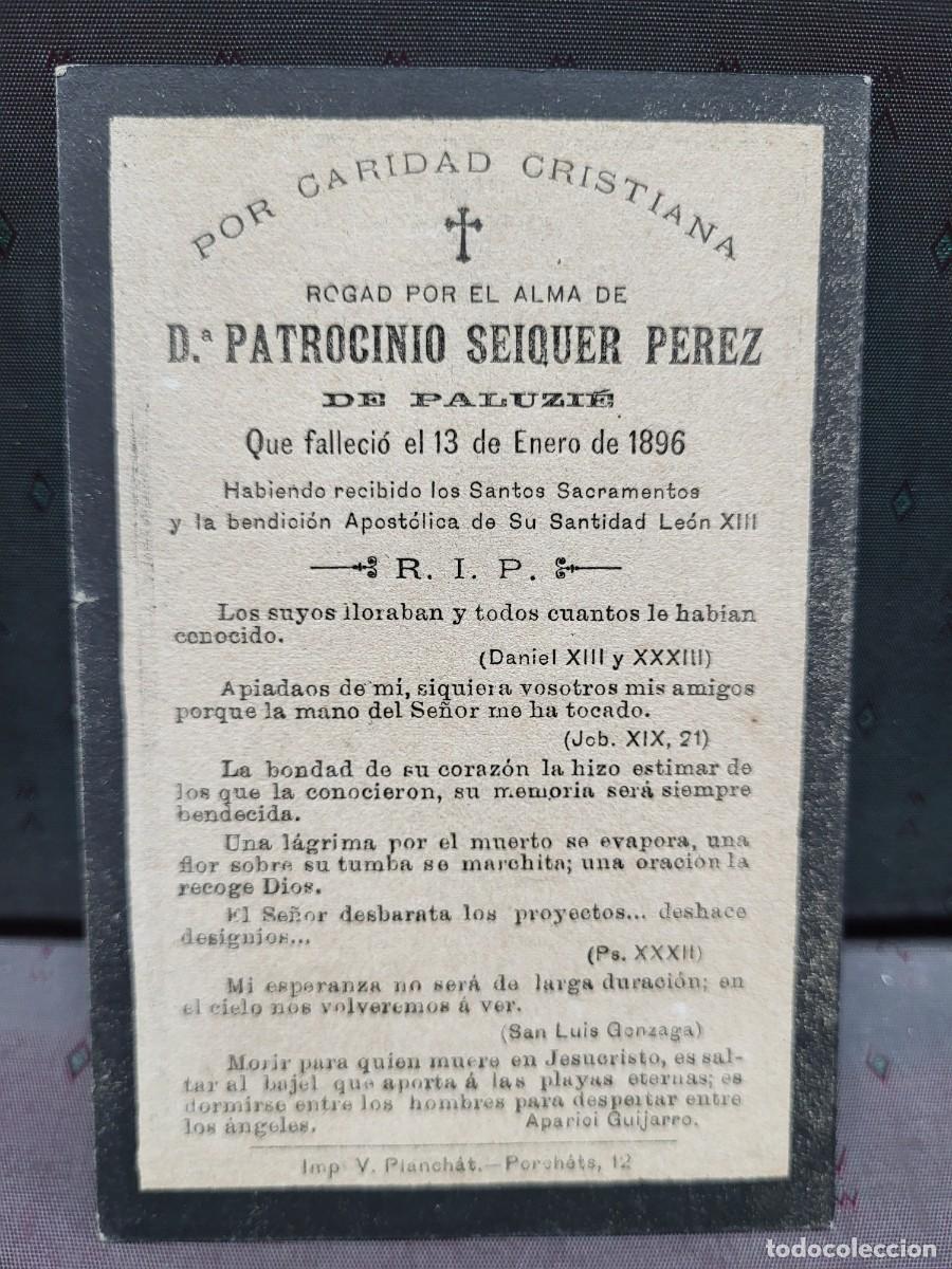 Paper Collecting Others: ANTIGUA ESTAMPA RELIGIOSA DEFUNCION PATROCINIO SEIQUER DE PALUZIE S XIX 1896