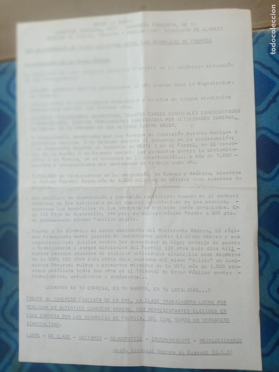 Otros Art&iacute;culos de Coleccionismo en Papel: UNION OBRERA DE EUZKADI, USO PAIS VASCO, TRANSICION, HOJA DE PROPAGANDA SINDICAL, CLANDESTINIDAD