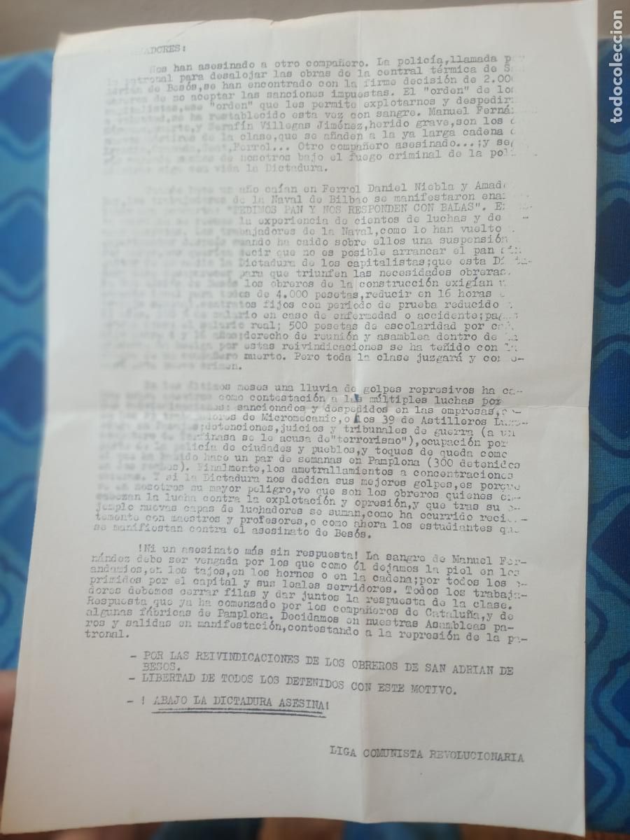Otros Art&iacute;culos de Coleccionismo en Papel: Liga Comunista Revolucionaria. Obreros de san Adri&aacute;n del Bes&oacute;s, Barcelona. Asesinato. Transici&oacute;n