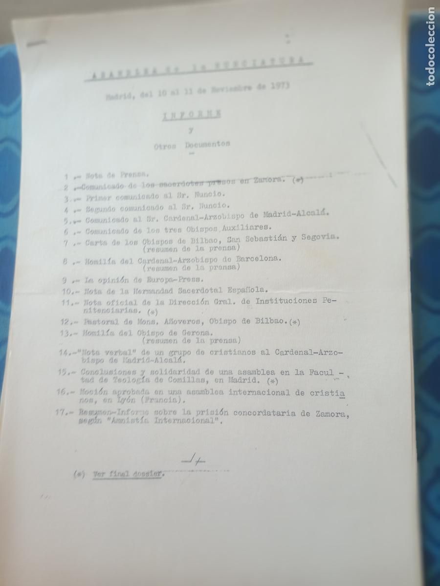 Otros Art&iacute;culos de Coleccionismo en Papel: ASAMBLEA NUNCIATURA: DOSSIER 1973 SACERDOTES ENCARCELADOS EN ZAMORA, COMUNICADOS TRANSICION POLITICA