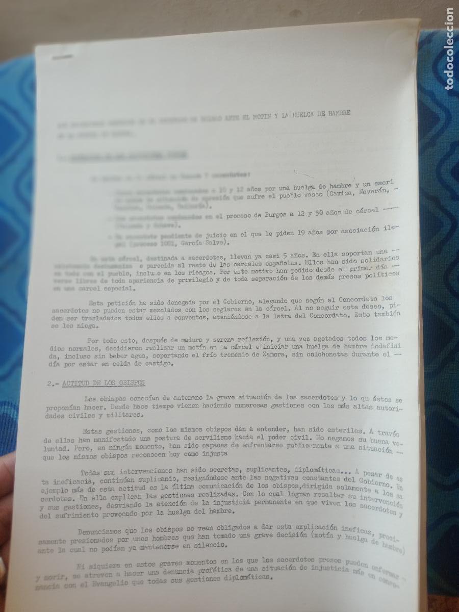 Otros Art&iacute;culos de Coleccionismo en Papel: DOSSIER 1972 SACERDOTES ENCARCELADOS EN ZAMORA, OBISPADO DE BILBAO TRANSICION POLITICA