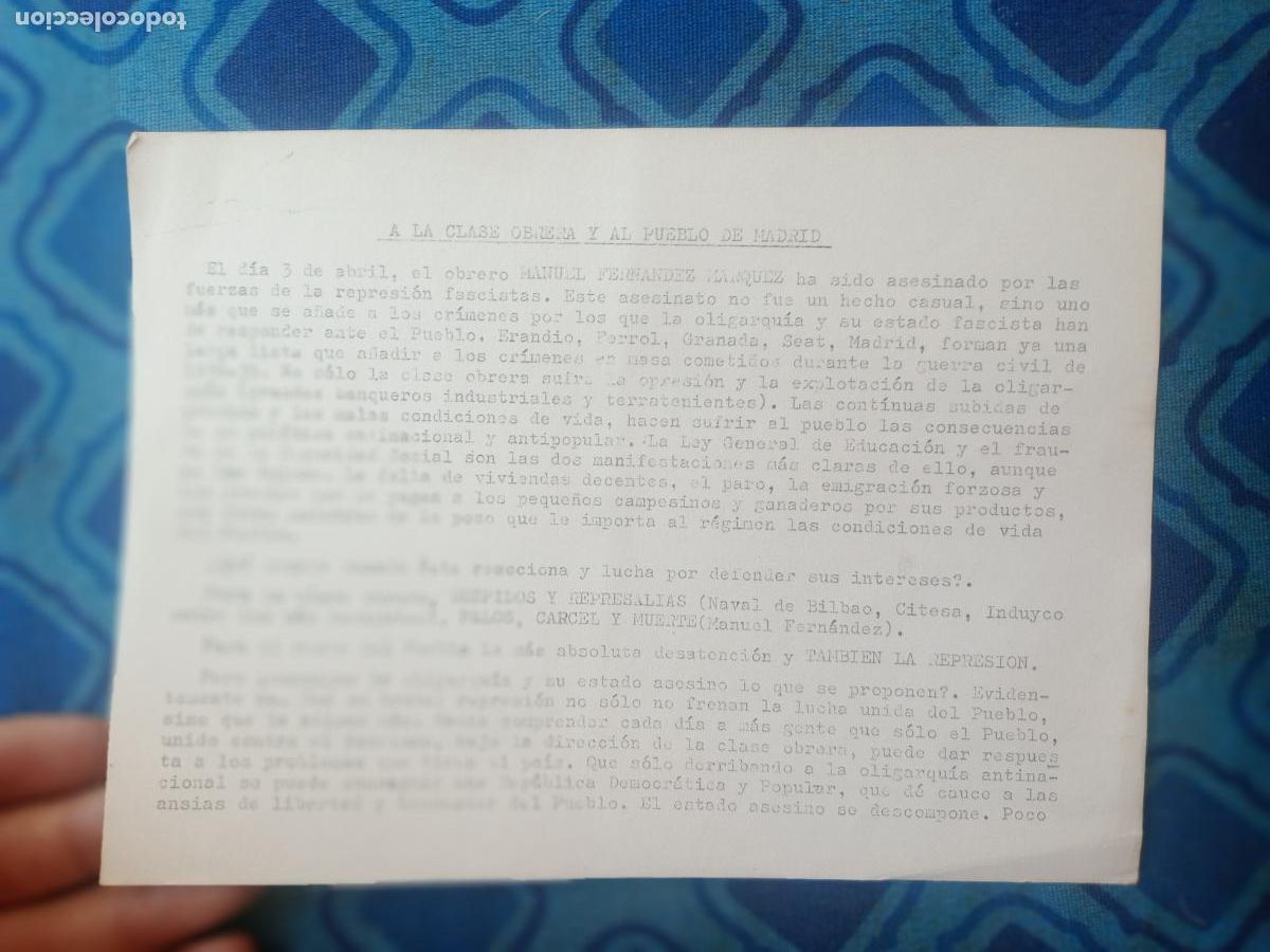 Otros Art&iacute;culos de Coleccionismo en Papel: ASESINATO OBRERO MANUEL FERNANDEZ MARQUEZ CCOO 1973, CLANDESTINIDAD, TRANSICION POLITICA