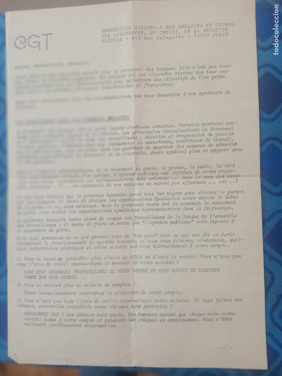 Altri oggetti di carta: SINDICATO CGT, FRANCIA, TRABAJADORES DE BANCA