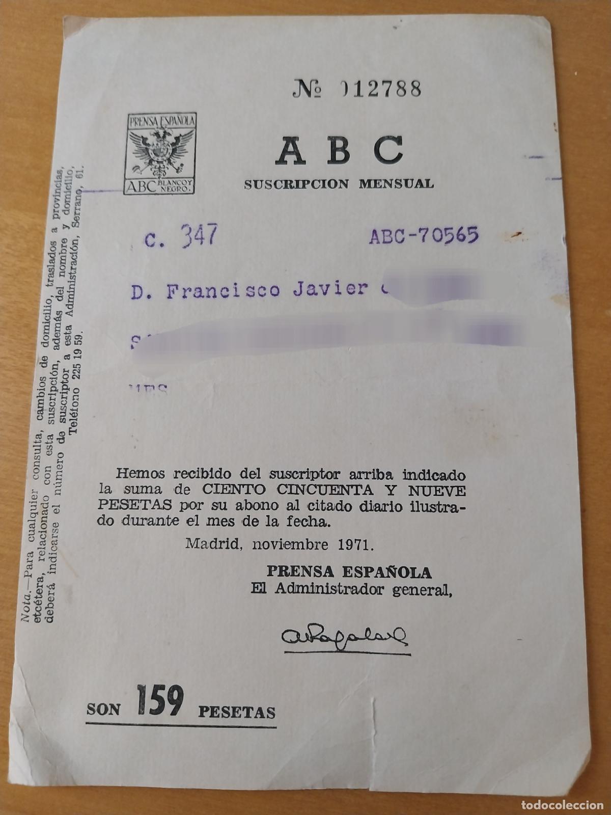 Otros Art&iacute;culos de Coleccionismo en Papel: ABC PERIODICO 1971 FACTURA CUOTA MENSUAL NOVIEMBRE PAPEL FINO 16X11CMS ORIGINAL