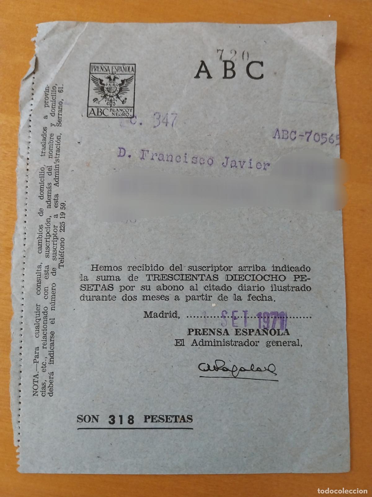 Otros Art&iacute;culos de Coleccionismo en Papel: ABC PERIODICO FACTURA CUOTA SEPTIEMBRE 1971 14,5X10CMS ORIGINAL