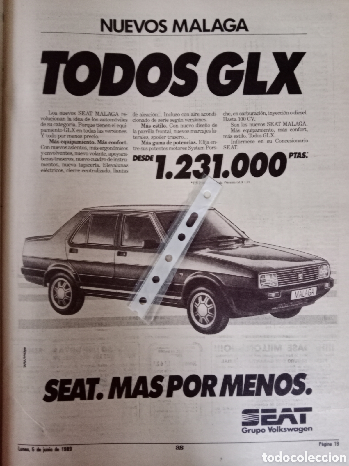 Otros art&iacute;culos de coleccionismo en papel: Publicidad autom&oacute;vil Seat malaga Glx de 1989