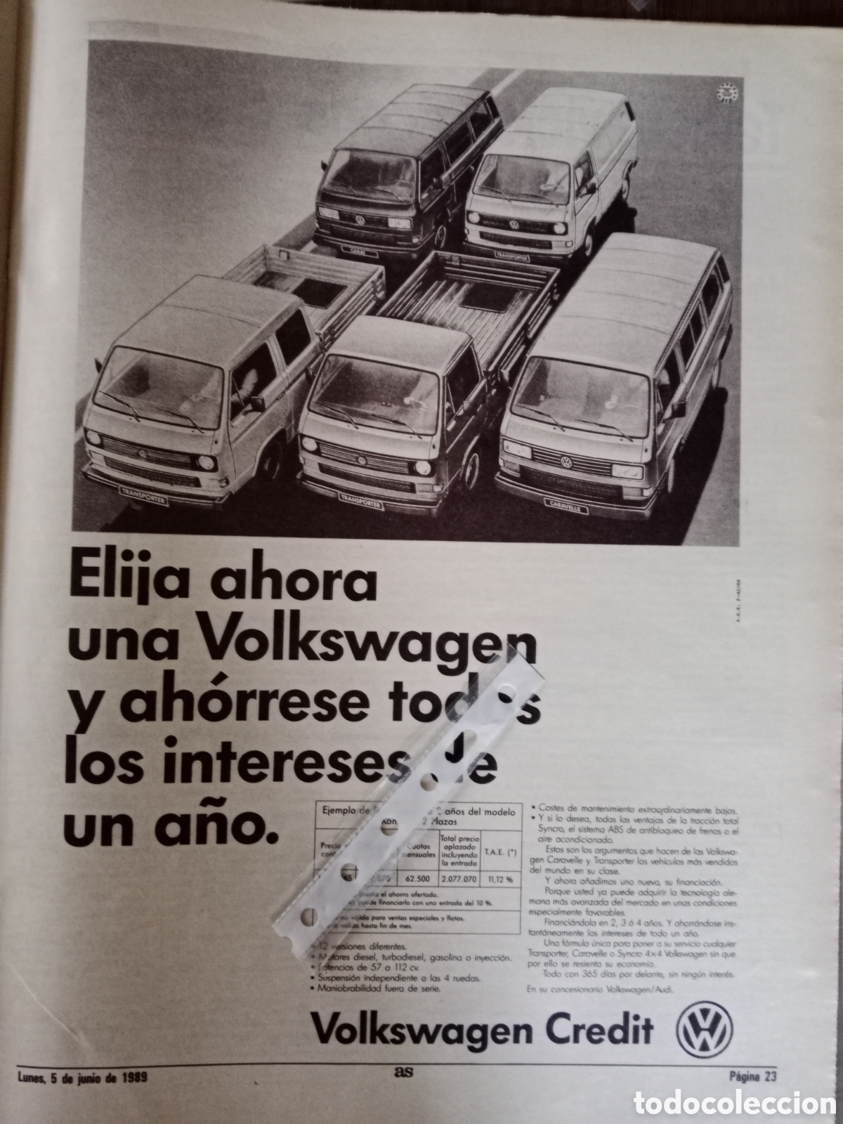 Otros Art&iacute;culos de Coleccionismo en Papel: Publicidad furgoneta Volkswagen de 1989
