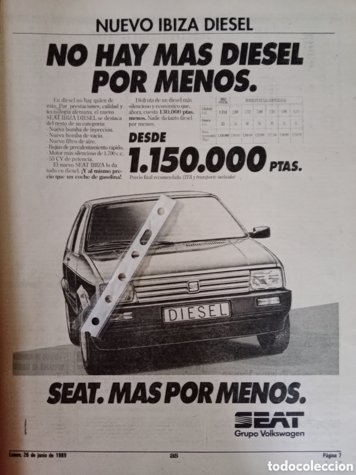 Otros art&iacute;culos de coleccionismo en papel: Publicidad autom&oacute;vil Seat Ibiza de 1989