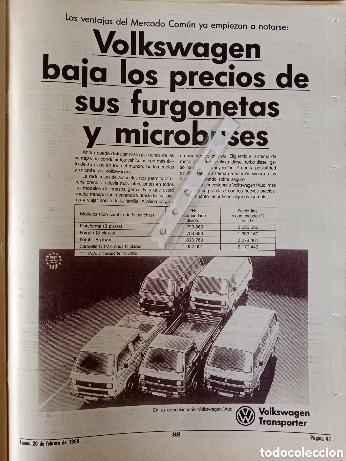Otros Art&iacute;culos de Coleccionismo en Papel: Publicidad furgoneta Volkswagen de 1989