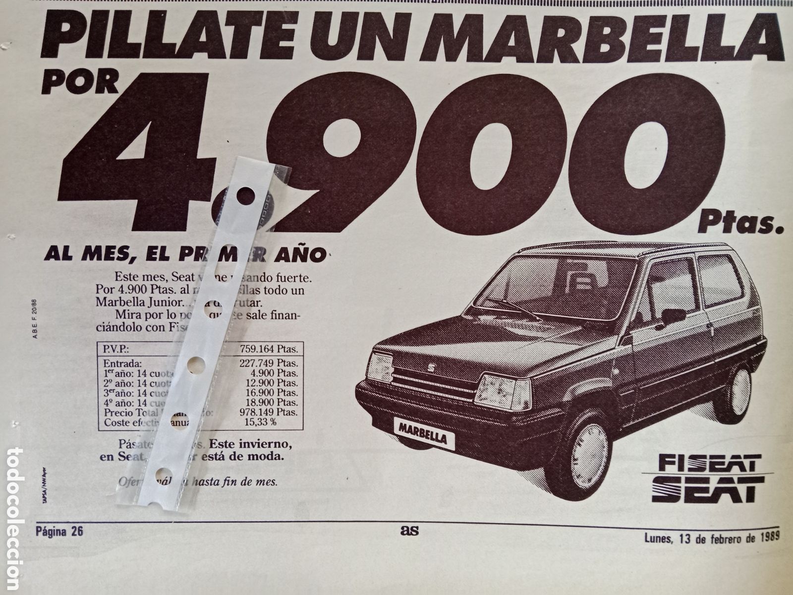 Outros artigos de papel: Publicidad autom&oacute;vil Seat Marbella de 1989