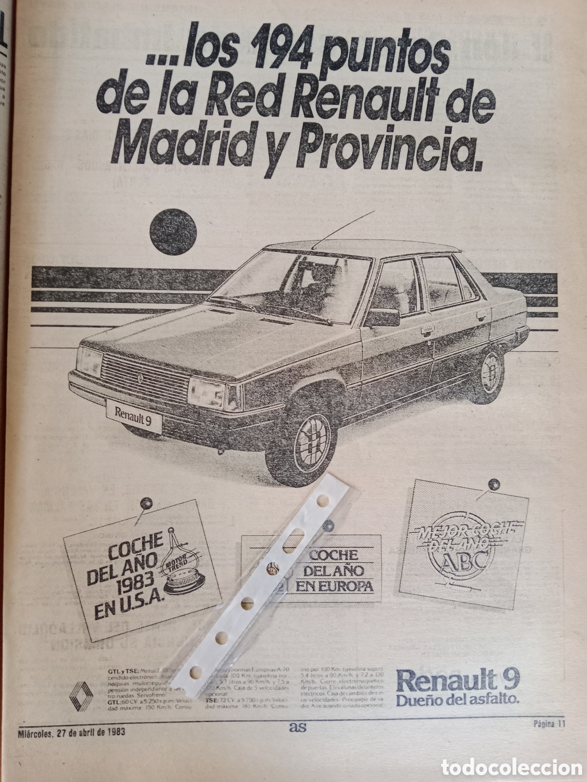Otros Art&iacute;culos de Coleccionismo en Papel: Publicidad autom&oacute;vil Renault 9 de 1983