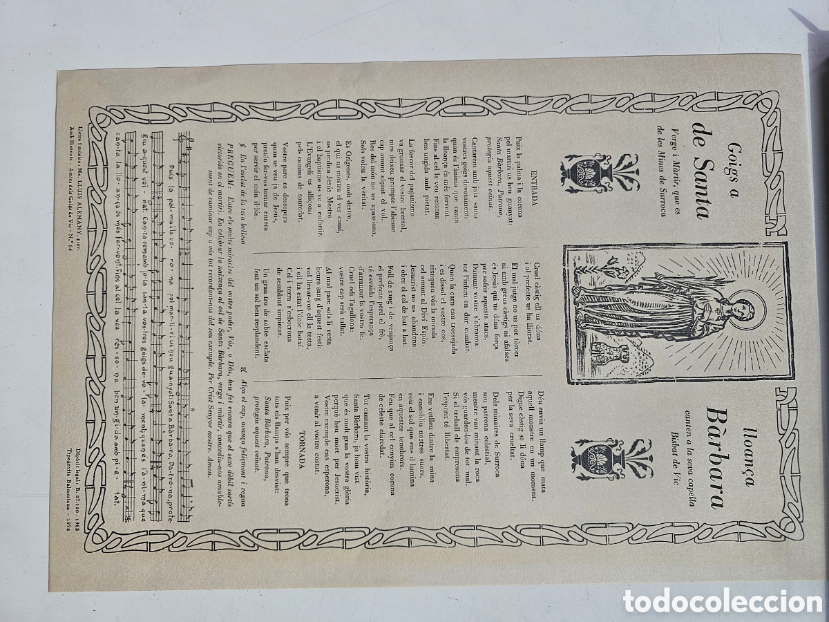 Otros Art&iacute;culos de Coleccionismo en Papel: Goigs Gozos a Santa B&agrave;rbara, Mines de Surroca, Vic