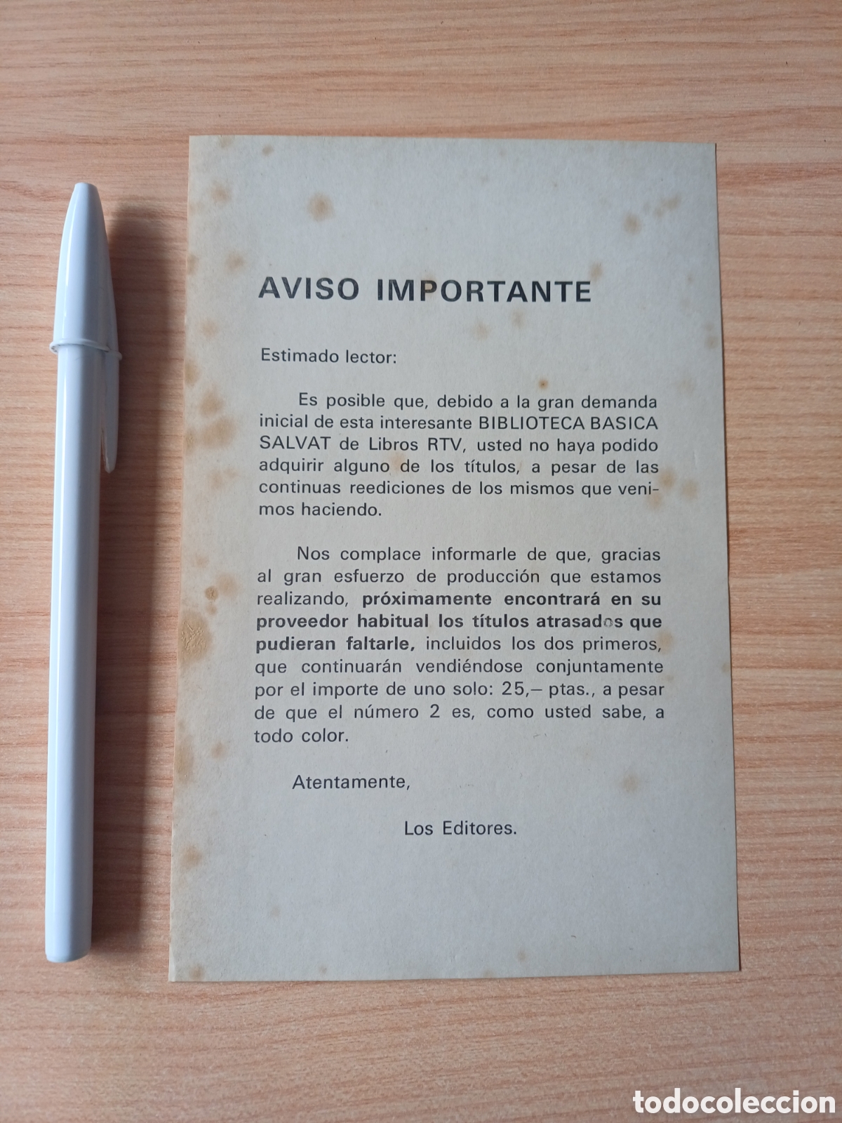 Otros art&iacute;culos de coleccionismo en papel: AVISO IMPORTANTE BIBLIOTECA BASICA SALVAT
