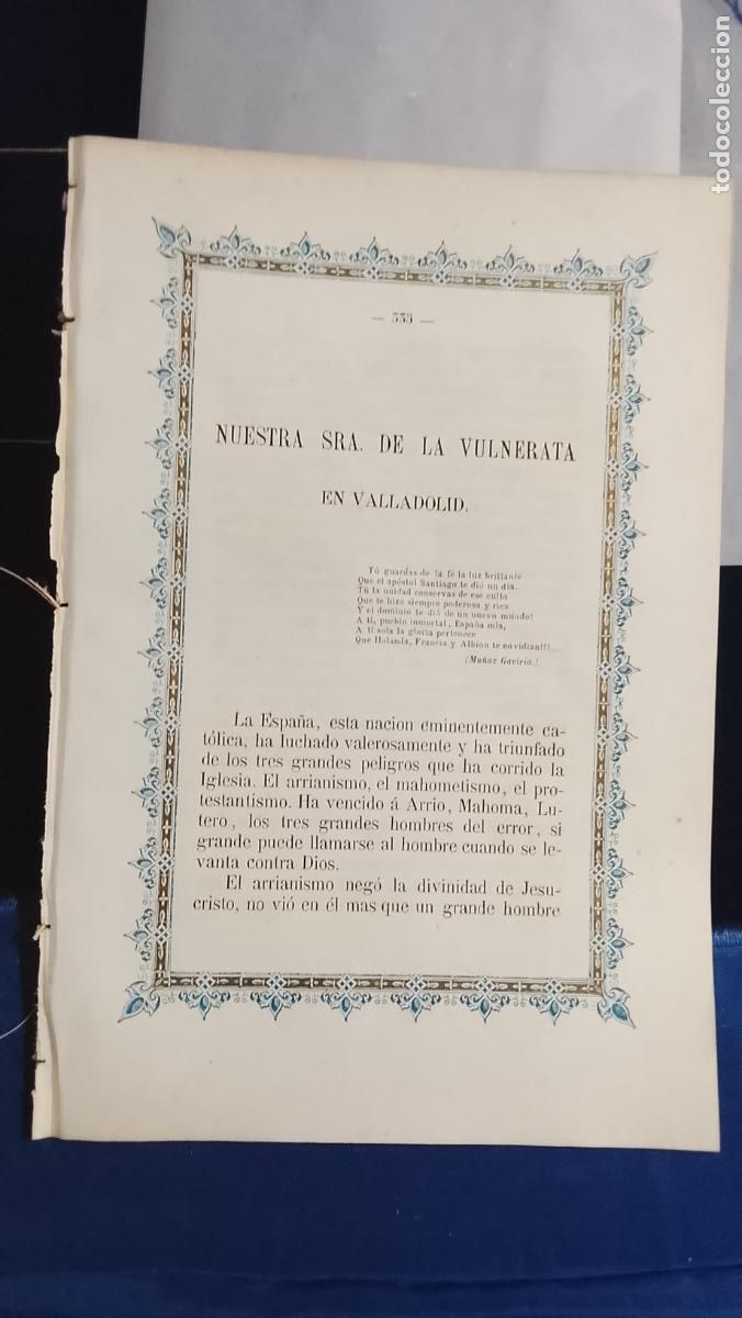 Collectionnisme Papier divers: A&Ntilde;O 1855 Virgen / Semana Santa / RELIGION nuestra se&ntilde;ora de la vulnerata en Valladolid