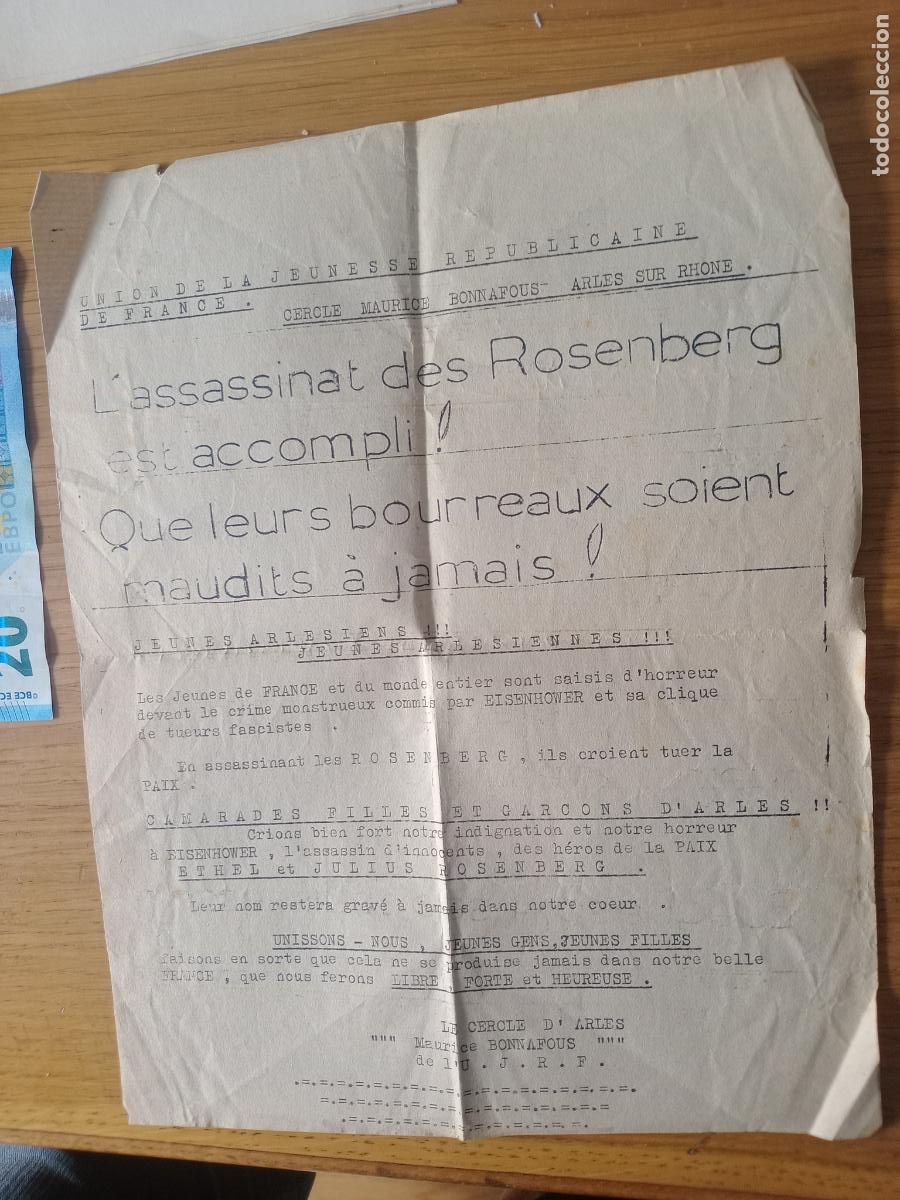 Otros art&iacute;culos de coleccionismo en papel: Francia. Panfleto de &eacute;poca. Espionaje de RUSIA / URSS COMUNISMO. Ethel y Julius Rosenberg 1953
