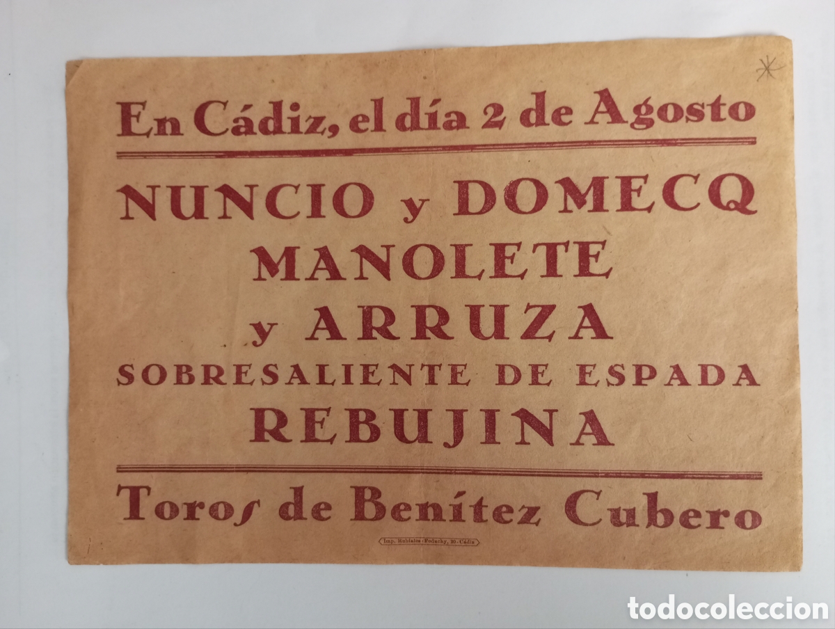 Otros Art&iacute;culos de Coleccionismo en Papel: Cartel corrida de toros Manolete y Arruza En C&aacute;diz a&ntilde;os 40