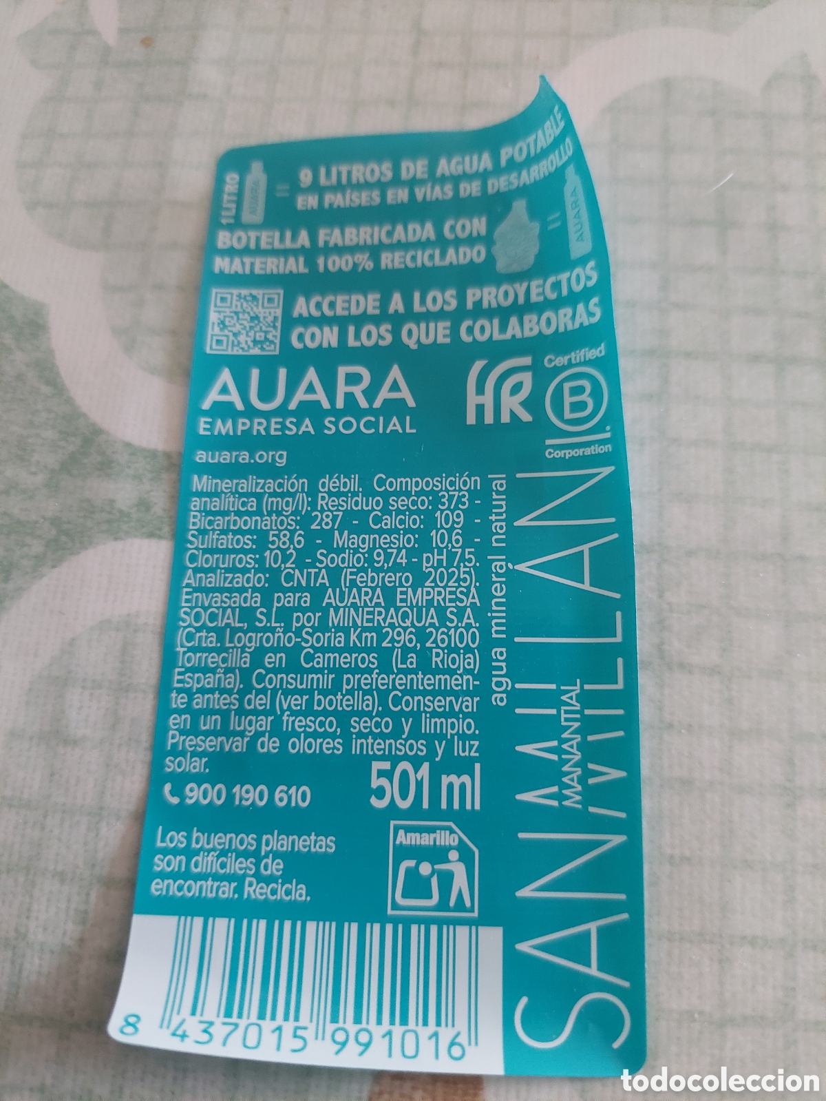 Collectionnisme Papier divers: Etiqueta agua mineral natural aura san millan 501 ml