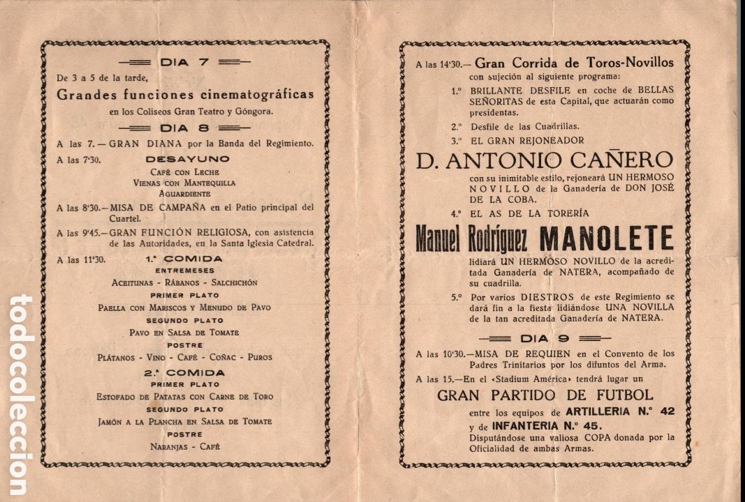 Paper Collecting Others: RESERVAPROGRAMA DE FESTEJOS. REGIMIENTO DE INFANTERIA 45 CON &rdquo;MANOLETE&rdquo; Y EL REJONEADOR CALERO. 1939