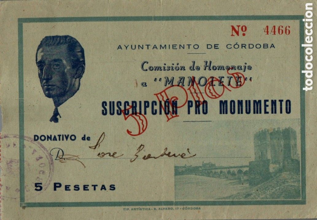 Otros Art&iacute;culos de Coleccionismo en Papel: SUSCRIPCI&Oacute;N PRO-MONUMENTO DE LA COMISI&Oacute;N DE HOMENAJE A &rdquo;MANOLETE&rdquo; 1947