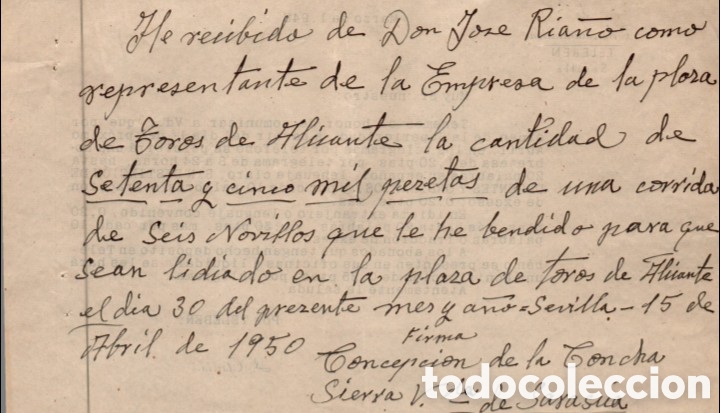 Otros Art&iacute;culos de Coleccionismo en Papel: RECIBO MANUSCRITO EN CARTEL DE TOROS DE DO&Ntilde;A CONCEPCI&Oacute;N DE LA CONCHA Y SIERRA 15-ABRIL-1950
