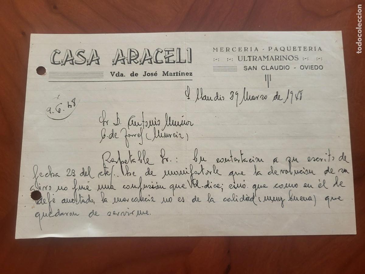 Paper Collecting Others: ANTIGUA CARTA COMERCIAL MERCERIA ULTRAMARINOS CASA ARACELI SAN CLAUDIO OVIEDO 1948