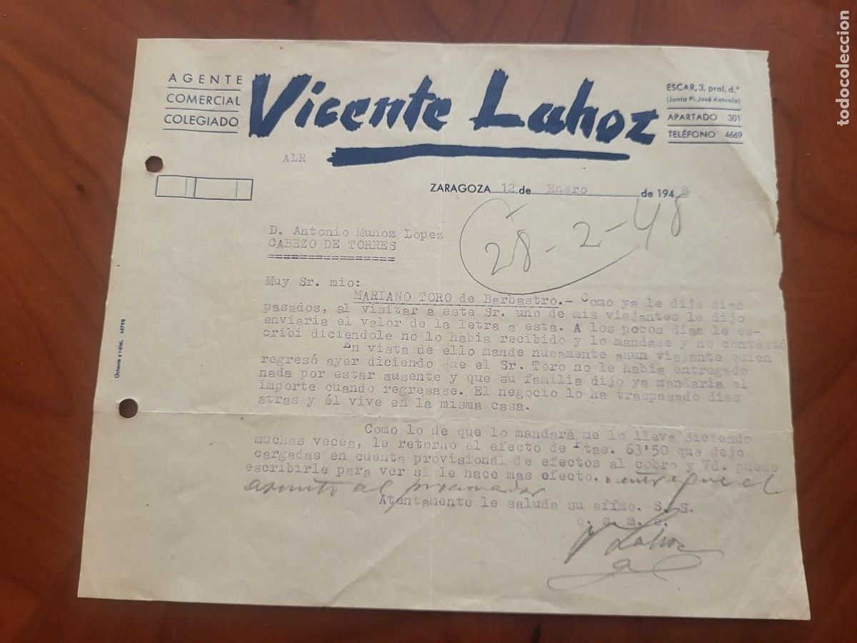 Paper Collecting Others: ANTIGUA CARTA COMERCIAL VICENTE LAHOZ ZARAGOZA 1948