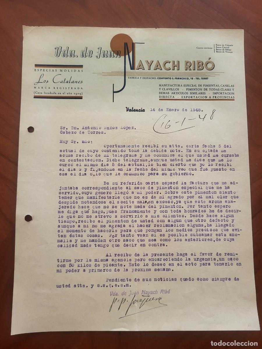 Paper Collecting Others: ANTIGUA CARTA COMERCIAL NAYACH RIBO ESPECIAS LOS CATALANES VALENCIA 1948
