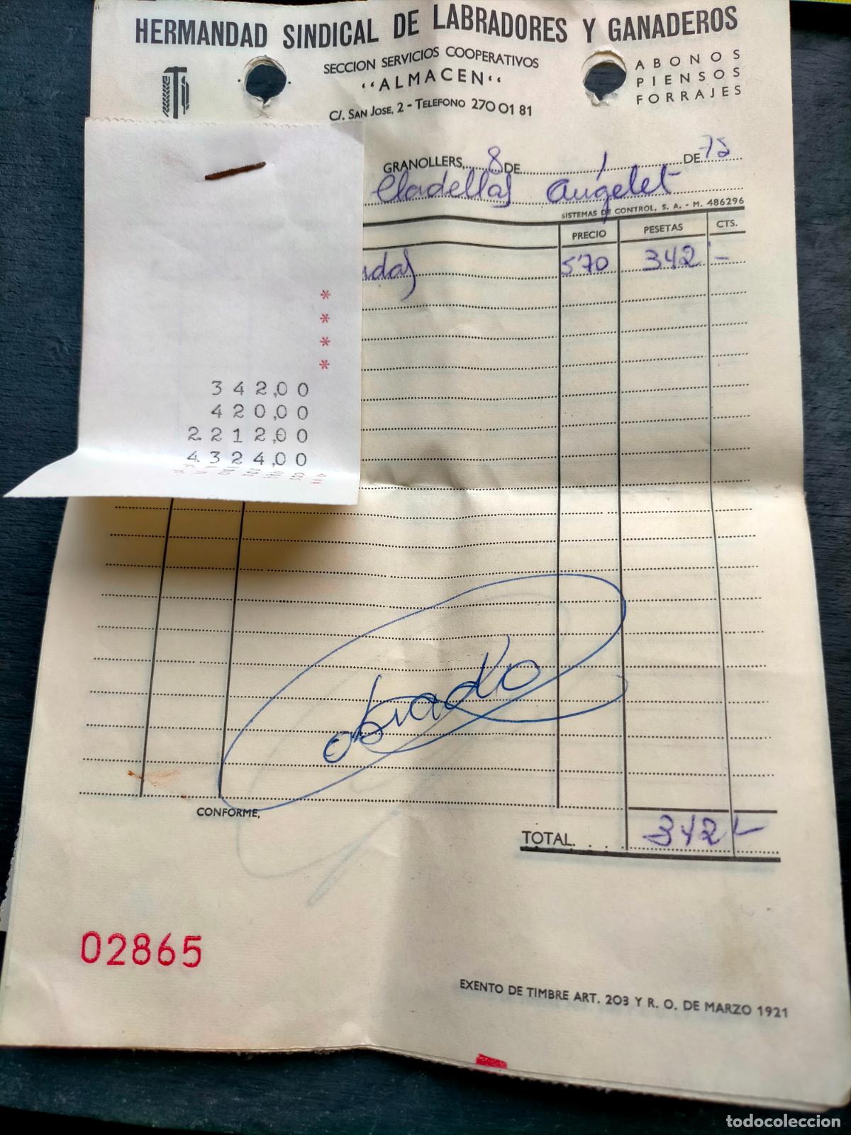 Collectionnisme Papier divers: Facturas recibos almac&eacute;n hermandad sindical de labradores y ganaderos Granollers a&ntilde;os 60-70