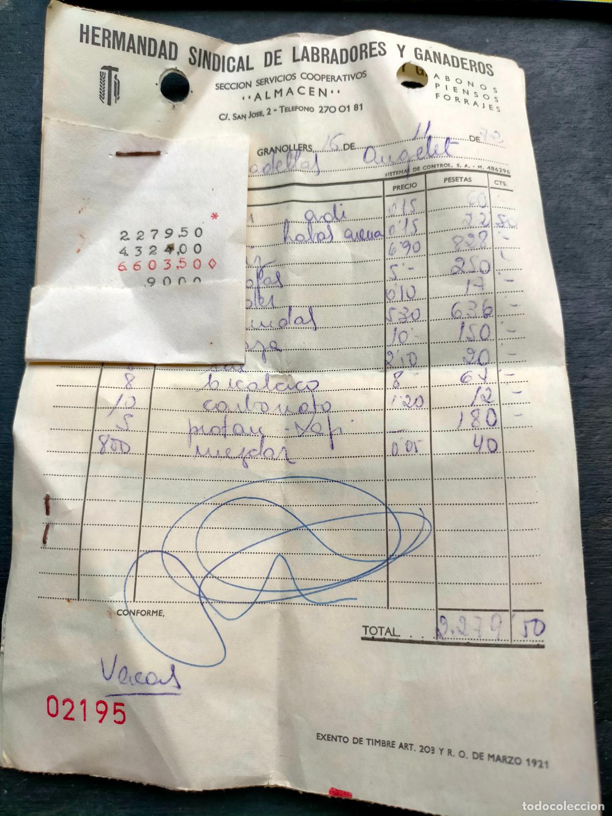 Collectionnisme Papier divers: Facturas recibos almac&eacute;n hermandad sindical de labradores y ganaderos Granollers a&ntilde;os 60-70