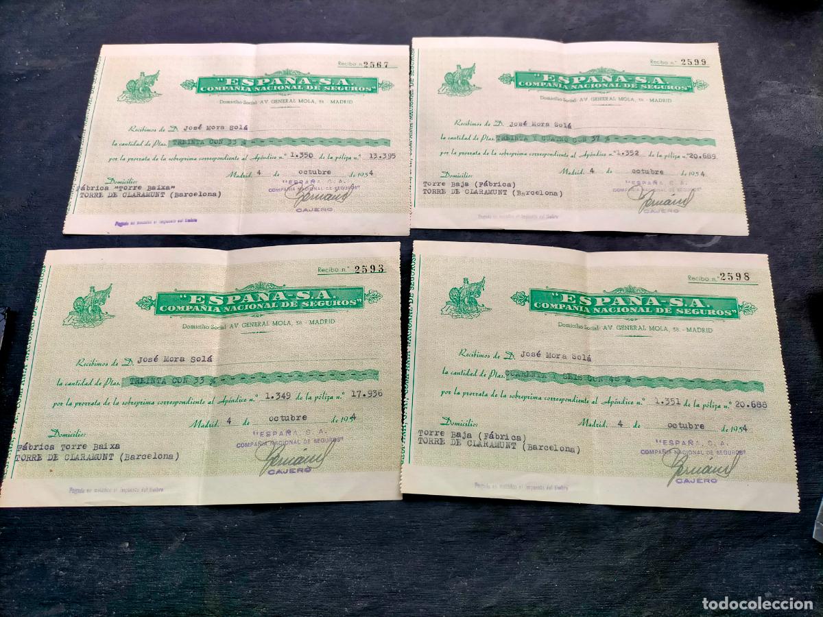 Collectionnisme Papier divers: Lote recibos Espa&ntilde;a SA compa&ntilde;ia nacional de seguros Torre de Claramunt Barcelona 1954+