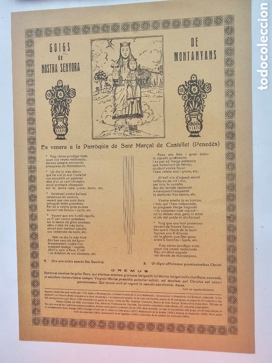 Otros Art&iacute;culos de Coleccionismo en Papel: Goigs Gozos a Nostra Senyora de Montanyans Sant Mar&ccedil;al de Castellet Penedes