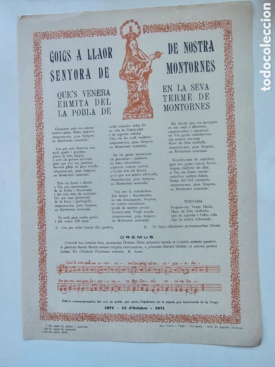 Outros artigos de papel: Goigs Gozos a Nostra Senyora de Montornes La pobla de Montorn&eacute;s 1971