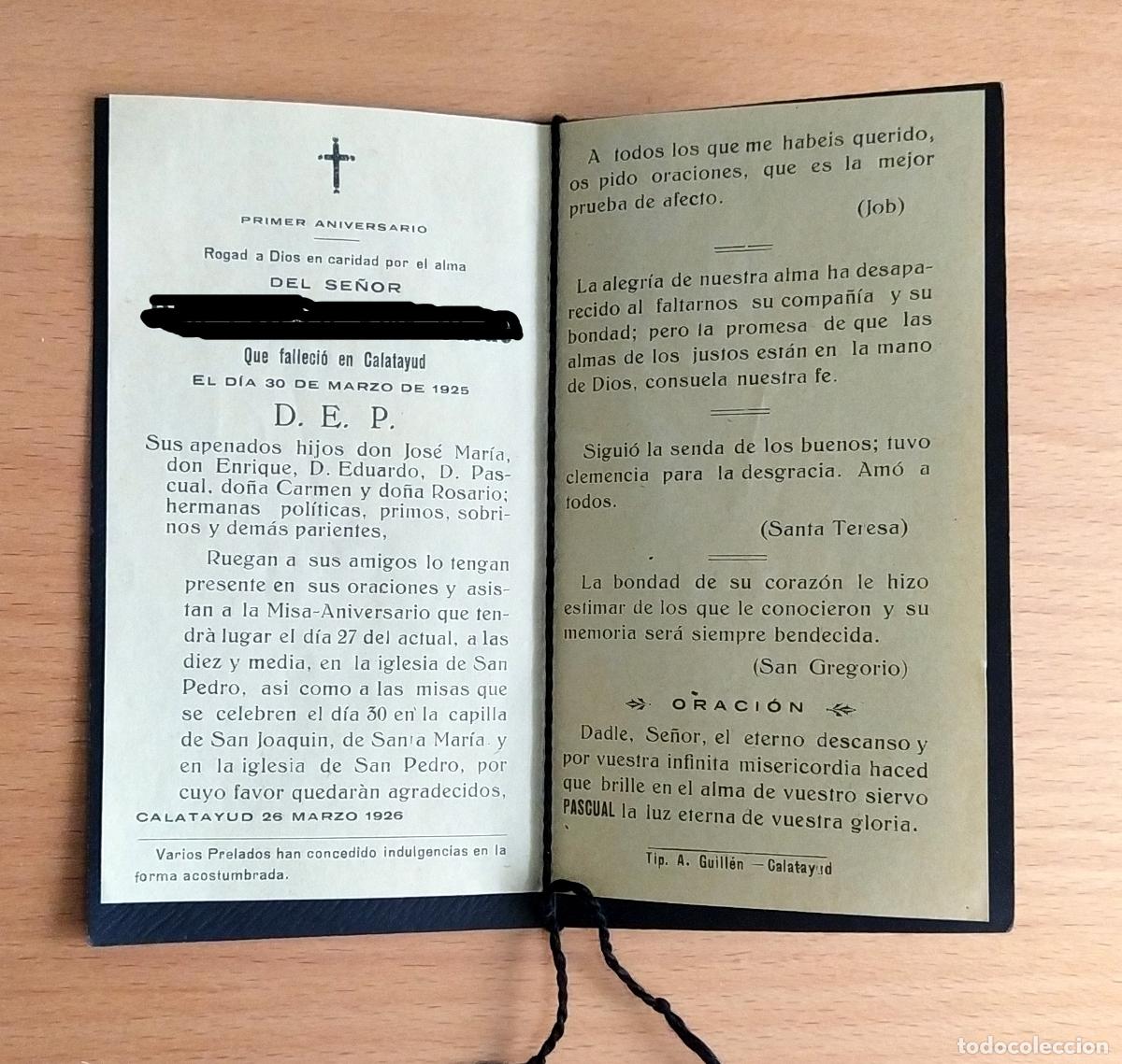 Otros art&iacute;culos de coleccionismo en papel: Recordatorio defunci&oacute;n Calatayud 1925 - Foto 2