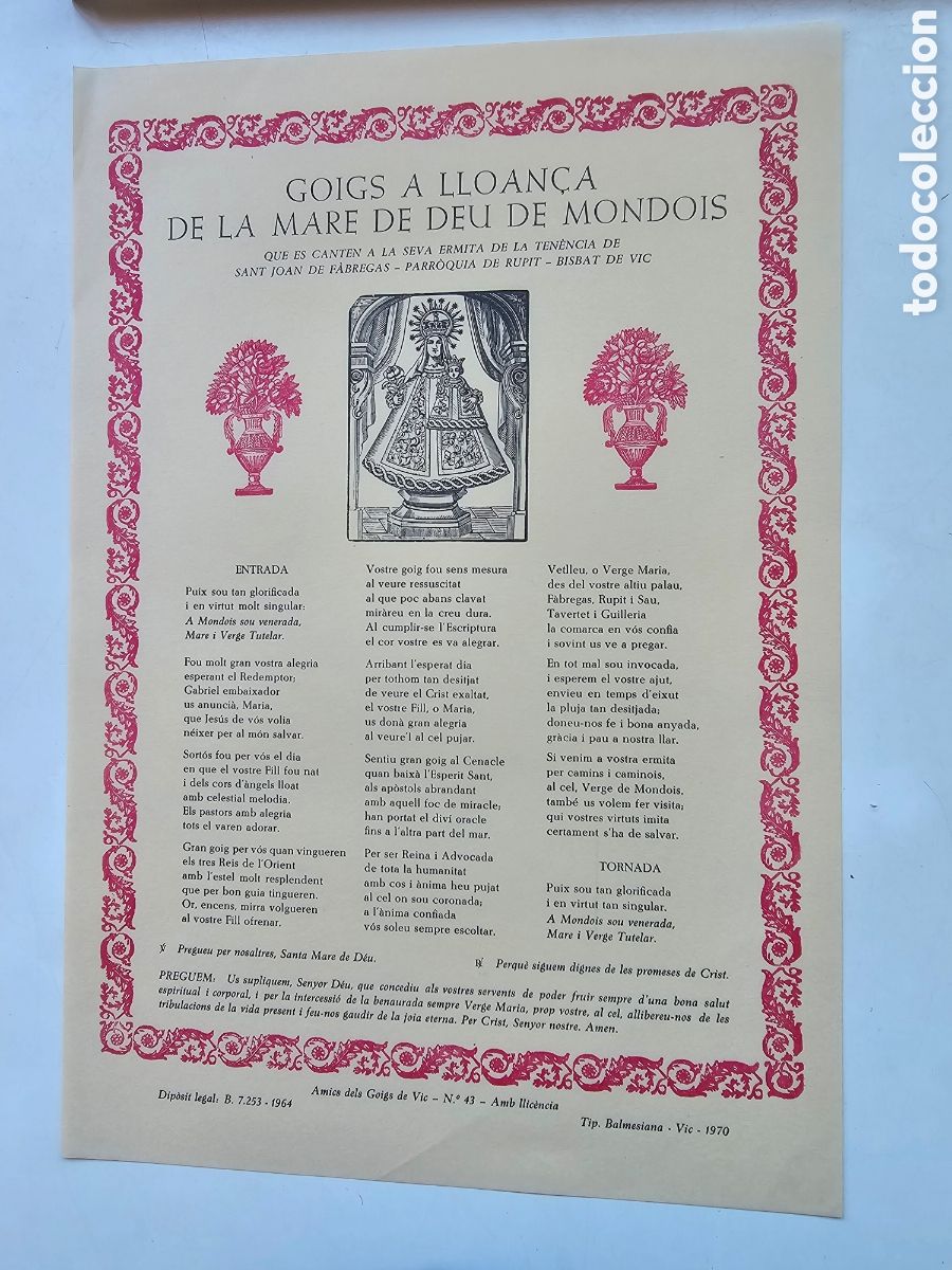 Collectionnisme Papier divers: Goigs Gozos a La Mare de D&eacute;u de Mondois, Ermita Sant Joan de F&agrave;bregues Rupit 1964