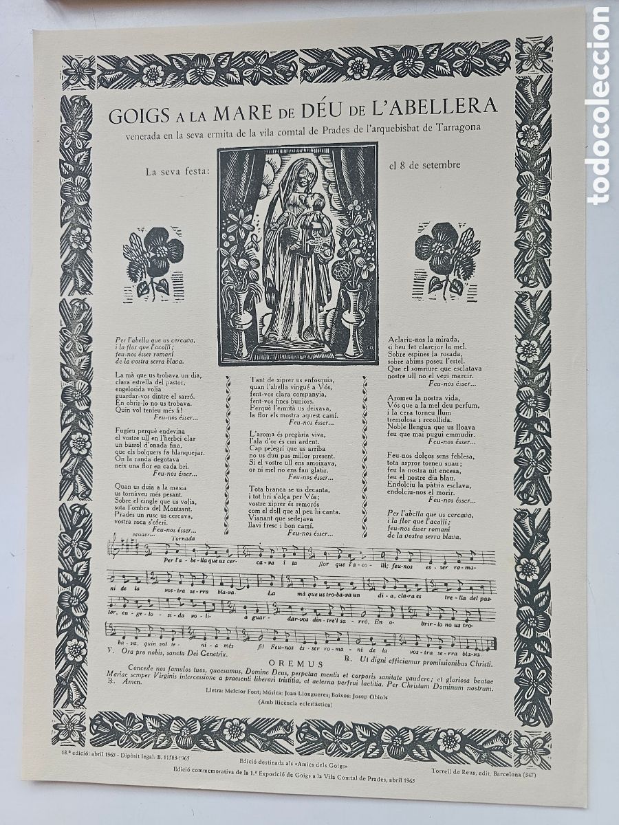 Outros artigos de papel: Goigs Gozos a Goigs a la Mare de D&eacute;u de l'Abellera Prades Tarragona 1965