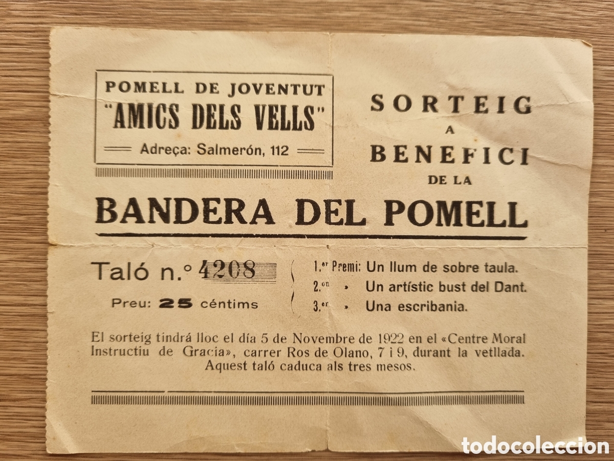 Otros Art&iacute;culos de Coleccionismo en Papel: 1922. Boleto para sorteo a beneficio de la Bandera del Pomell. 25 cts.