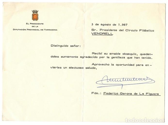 Otros Art&iacute;culos de Coleccionismo en Papel: Carta de agradecimiento por obsequio 1967 / El Presidente de la Dip. Prov. De Tarragona - C&iacute;rculo..