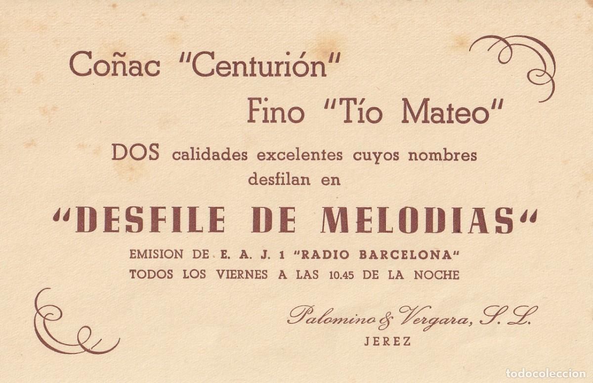 Otros Art&iacute;culos de Coleccionismo en Papel: Tarjeta publicitaria / Desfile de Melod&iacute;as (Radio Barcelona) - Co&ntilde;ac Centuri&oacute;n &middot; Fino T&iacute;o Mateo