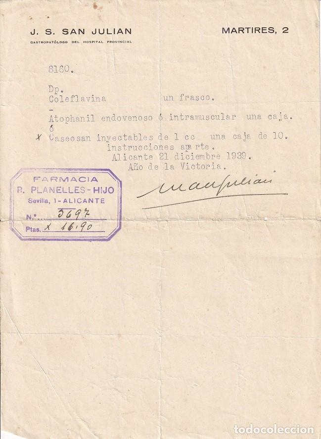 Otros Art&iacute;culos de Coleccionismo en Papel: Receta m&eacute;dica Alicante 1939 / Farmacia R. Planelles hijo - J. S. San Juli&aacute;n &middot; Gastropat&oacute;logo del H&hellip;