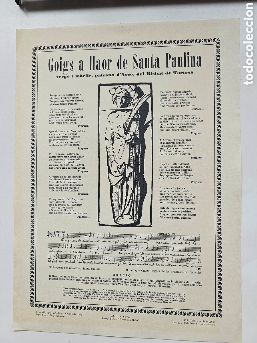 Otros Art&iacute;culos de Coleccionismo en Papel: Goigs Gozos a Santa Paulina, Asc&oacute;, Tortosa 1969