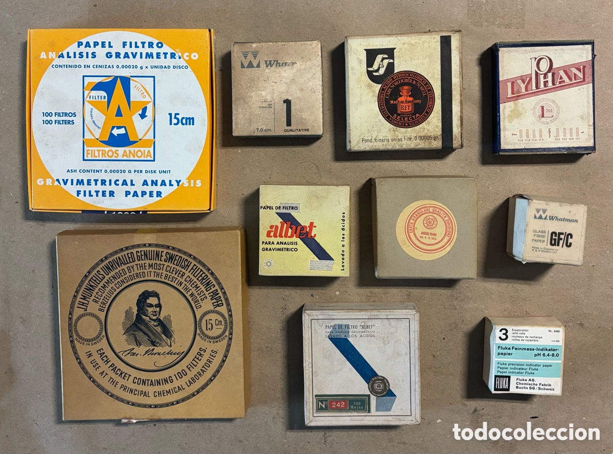 Otros Art&iacute;culos de Coleccionismo en Papel: LOTE DE 10 ANTIGUAS CAJAS DE FILTROS DE PAPEL PARA LABORATORIO. DISTINTOS TAMA&Ntilde;OS Y MARCAS.