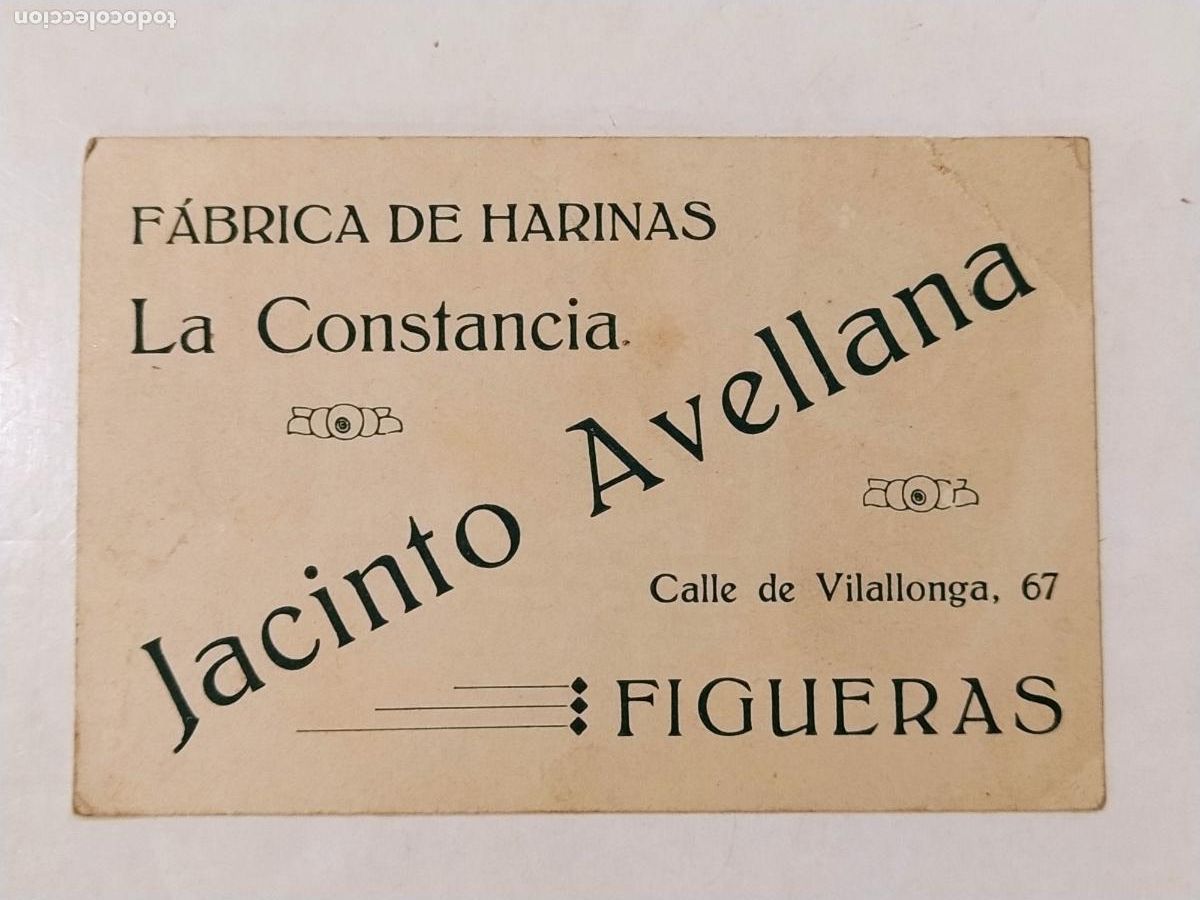 Otros Art&iacute;culos de Coleccionismo en Papel: FIGUERAS - FABRICA DE HARINAS LA CONSTANCIA - JACINTO AVELLANA - TARJETA ANTIGUA FIRMADA -(114.063)