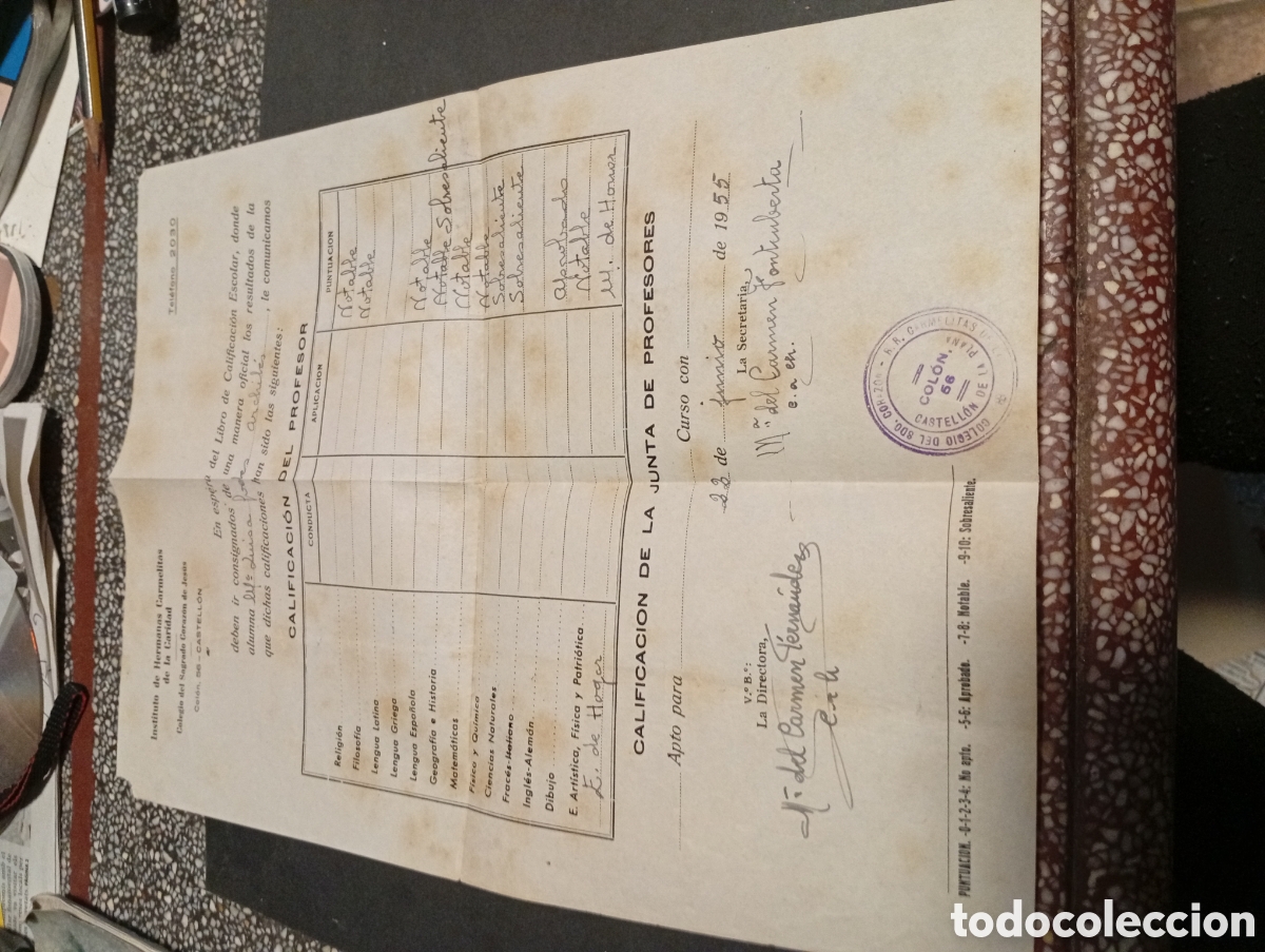 Otros Art&iacute;culos de Coleccionismo en Papel: Calificaci&oacute;n del profesor, colegio del sagrado coraz&oacute;n, Castell&oacute;n 1955