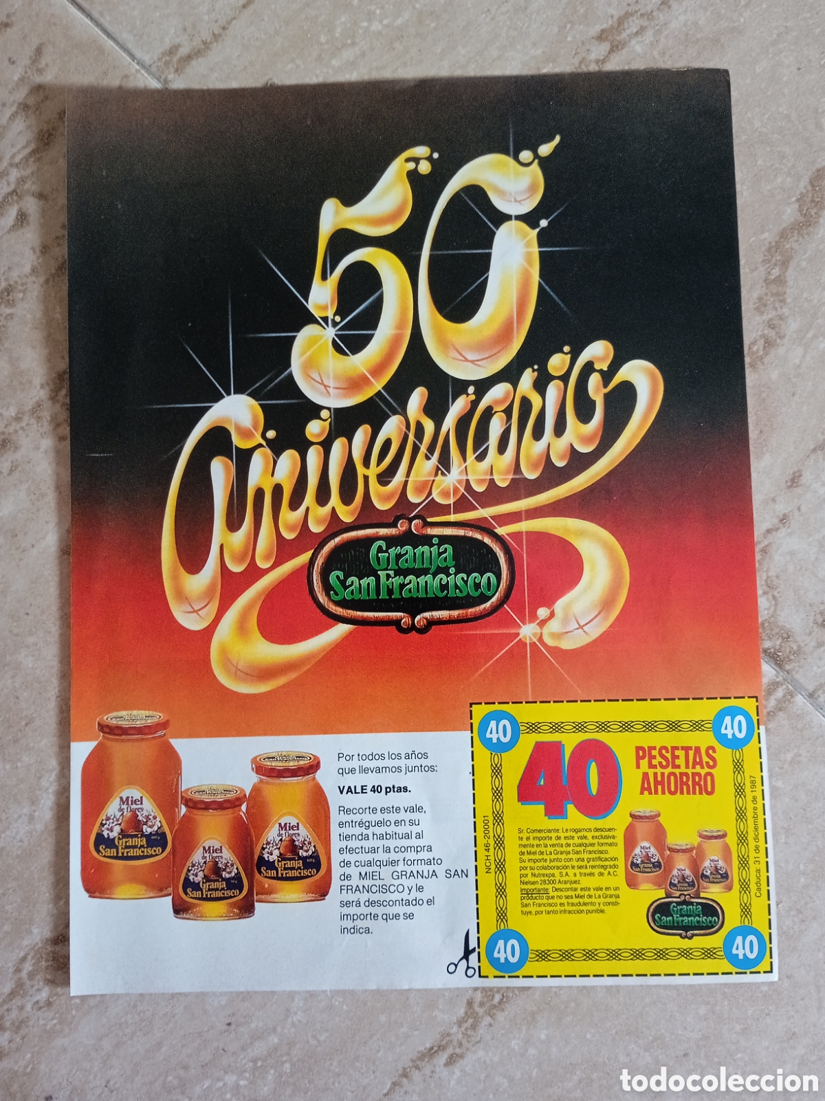 Sammelleidenschaft Andere Papierartikel: Hoja publicidad con cup&oacute;n descuento Miel Granja San Francisco
