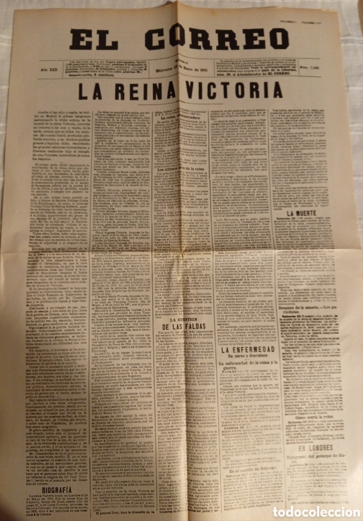 Otros Art&iacute;culos de Coleccionismo en Papel: Antiguo facsimil portada peri&oacute;dico el correo a&ntilde;o 1901 la Reina Victoria