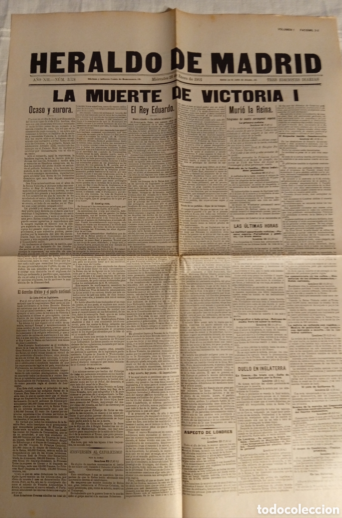 Otros Art&iacute;culos de Coleccionismo en Papel: Facsimil antigua portada del peri&oacute;dico El Heraldo de Madrid muere la Reina Victoria a&ntilde;o 1901