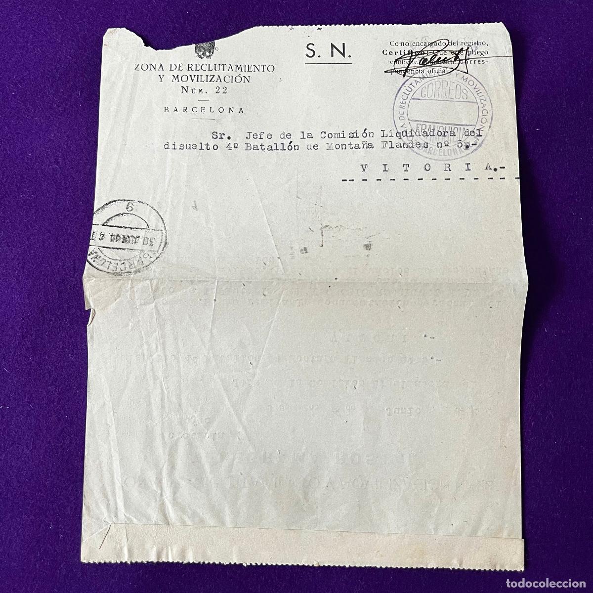 Otros Art&iacute;culos de Coleccionismo en Papel: CARTA TELEGRAMA POSTAL CON FRANQUICIA ZONA DE RECLUTAMIENTO Y MOVILIZACION N&ordm;22 BARCELONA.