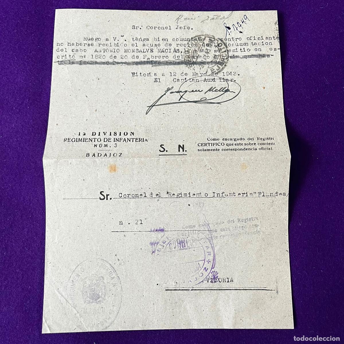 Otros Art&iacute;culos de Coleccionismo en Papel: CARTA TELEGRAMA POSTAL CON FRANQUICIAS DEL GOBIERNO MILITAR BADAJOZ Y REGIMIENTO INFANTERIA N&ordm;312.